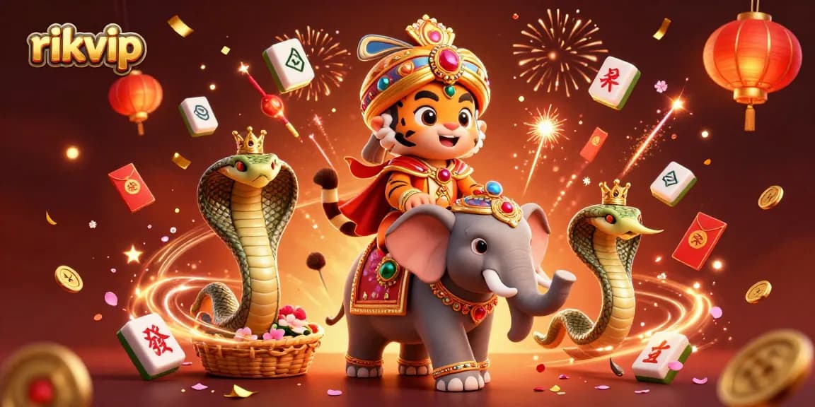 Win big at rikvip with this vibrant, 3D illustration of a tiger maharaja and casino elements.