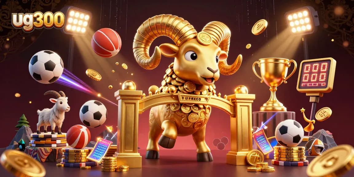 Menggoda kemenangan di taruhan olahraga bersama karakter utama ug300 dengan hiasan fantastis di sekitar koin emas dan bola olahraga.