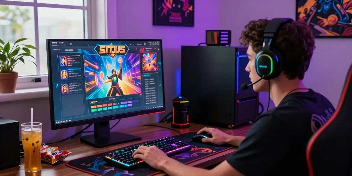 Engaged player enjoying situs slot games at a vibrant gaming setup with RGB lights