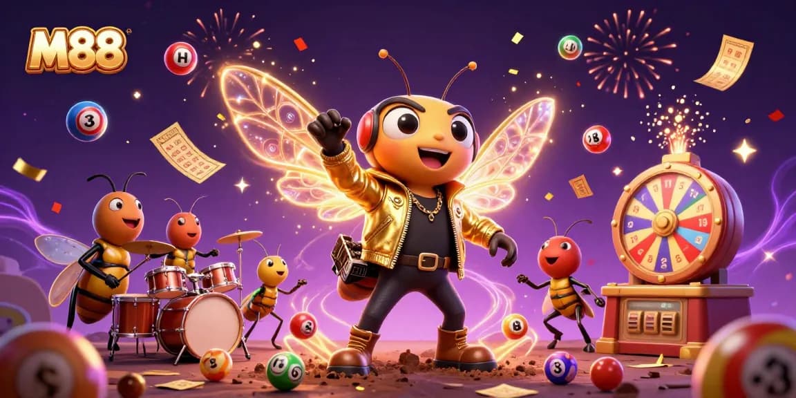 M88 showcases vibrant 3D illustration of a cicada rock star amidst a lively gambling scene, highlighting energy and excitement.