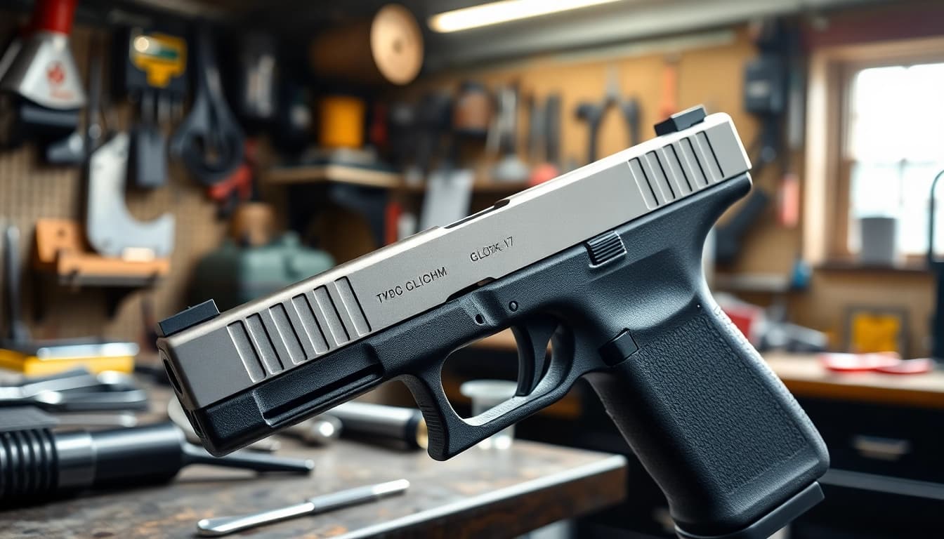 Showcasing glock 17 slide oem with detailed craftsmanship in a workshop.