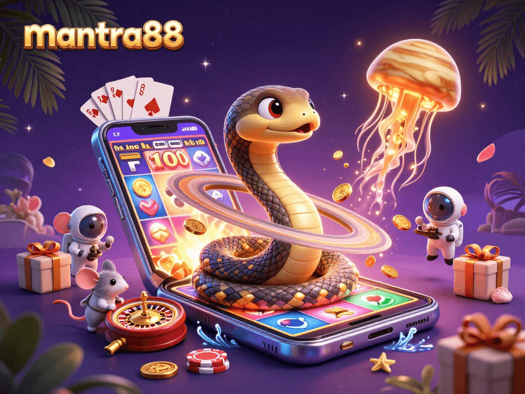 Experience the excitement of mantra88 as a Saturn ring snake hosts cosmic bets with vibrant exciting games.