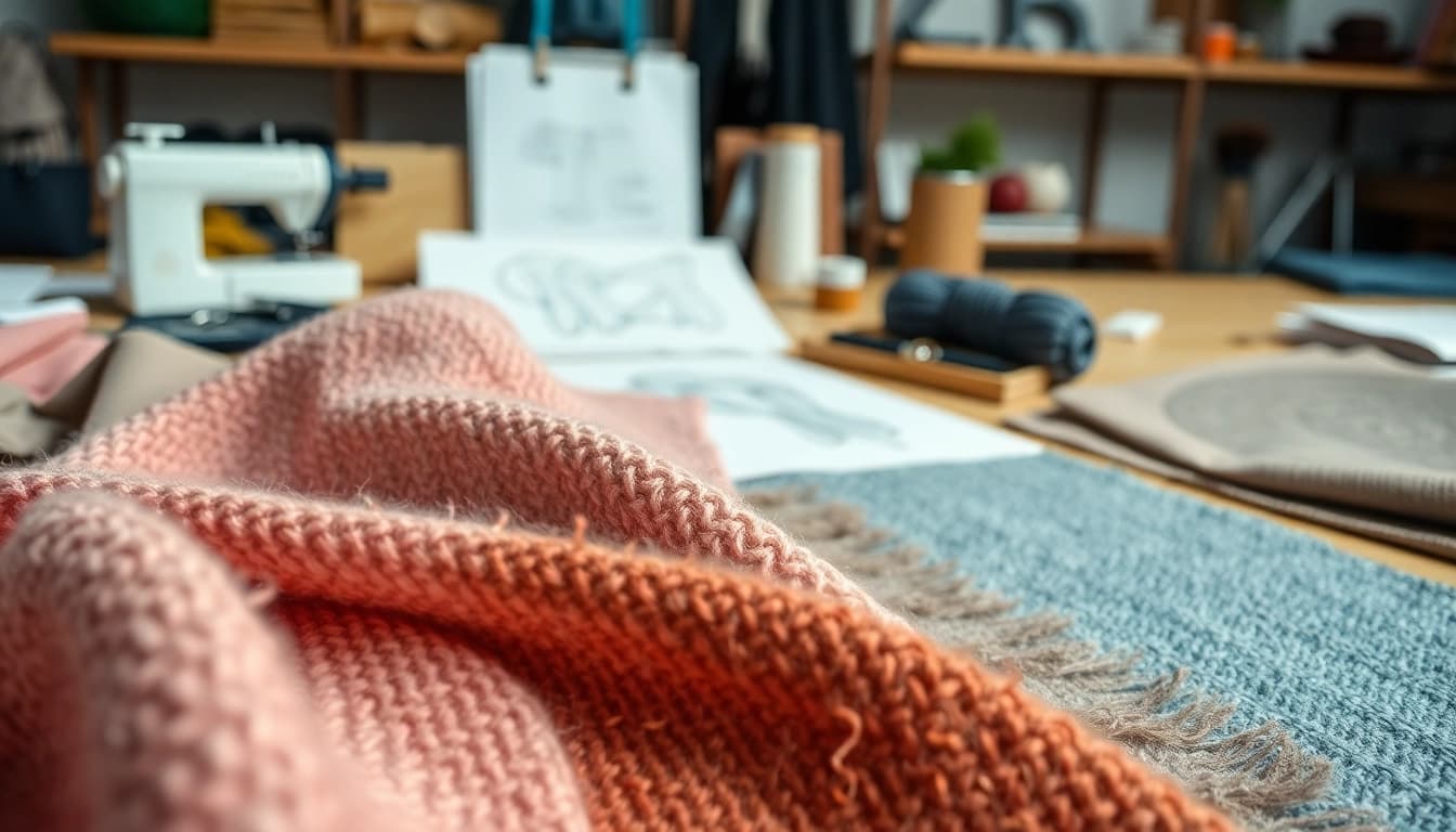 Explore the vibrant colors and textures of boucle stof in a textile design workspace.