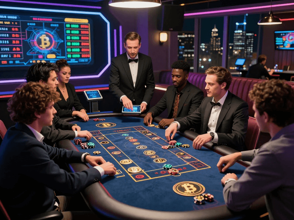 Exciting crypto casino scene with players at a high-tech gaming table, neon lights, and cryptocurrency displays.