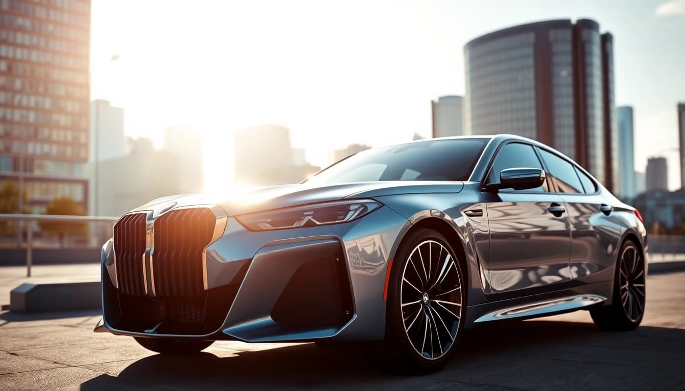 Luxury BMW car showcased with unique design features against a modern city skyline.