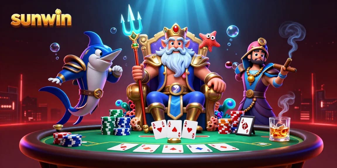 Experience the thrill of sunwin with Neptune and poker elements in a vibrant casino scene.