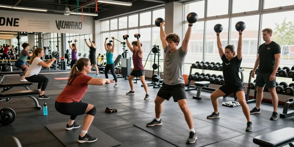 Athletic individuals training at the Astera Steroid Shop's fitness center, showcasing dedication and energy in a bright gym.