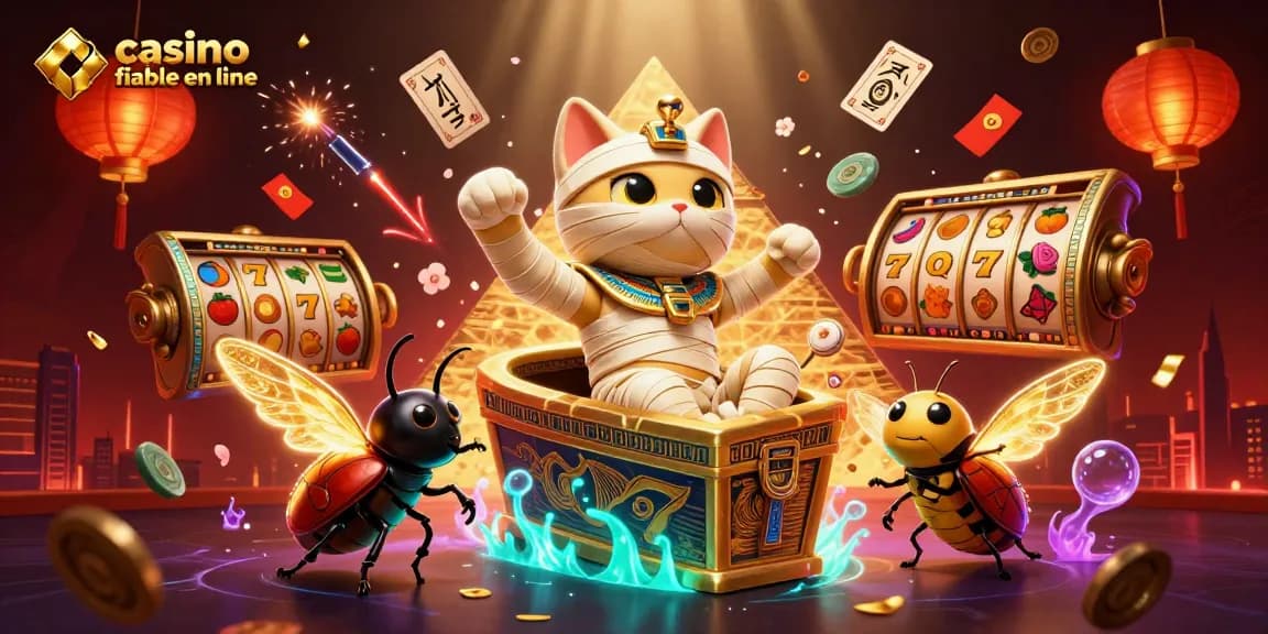 Gagnez avec le casino fiable en ligne illustré par un chat momie égyptien brandissant des éléments de jeu.