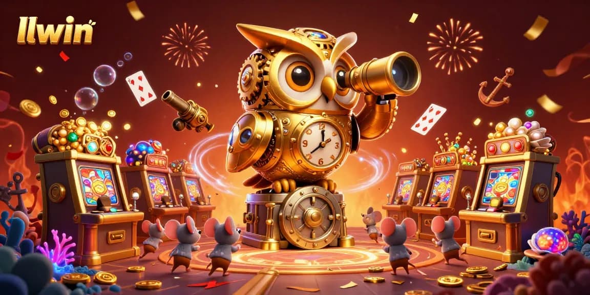 Experience thrilling gaming at llwin with a massive golden owl surveying vibrant casino action.