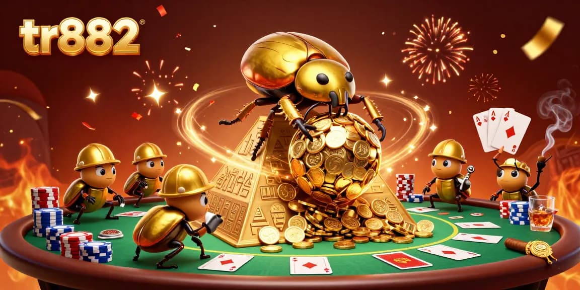 Experience tr882 with a dynamic scene of golden beetles rolling coins and poker elements.