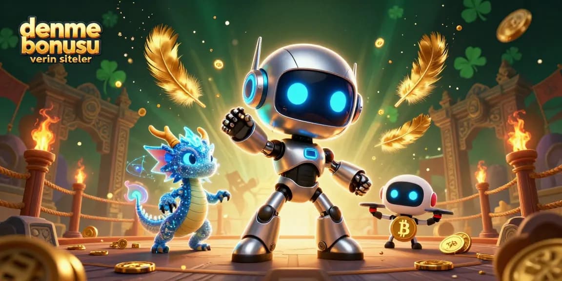 Engaging illustration of deneme bonusu veren siteler showcasing a cyberpunk robot, holographic dragon, bitcoin drone, and dynamic casino elements.