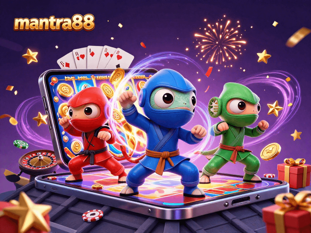 Engage with mantra88's thrilling gaming experience featuring vibrant slot games and energetic chameleon ninjas.