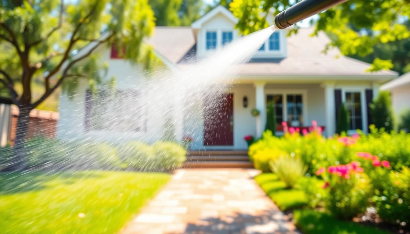 House Washing in action, showcasing an exterior cleaning service with pressure washer.