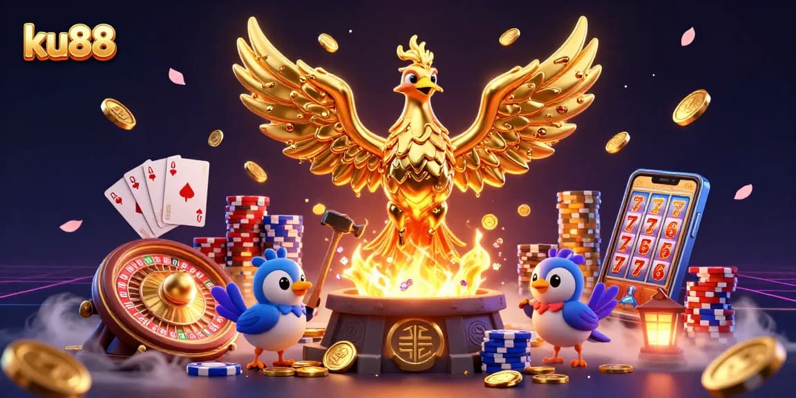 Engage with ku88’s thrilling gaming experience amidst golden riches and animated casino action.