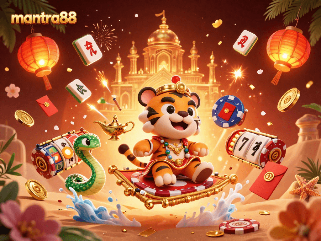 Experience mantra88's exciting mobile gaming with vibrant Asian-themed casino illustration