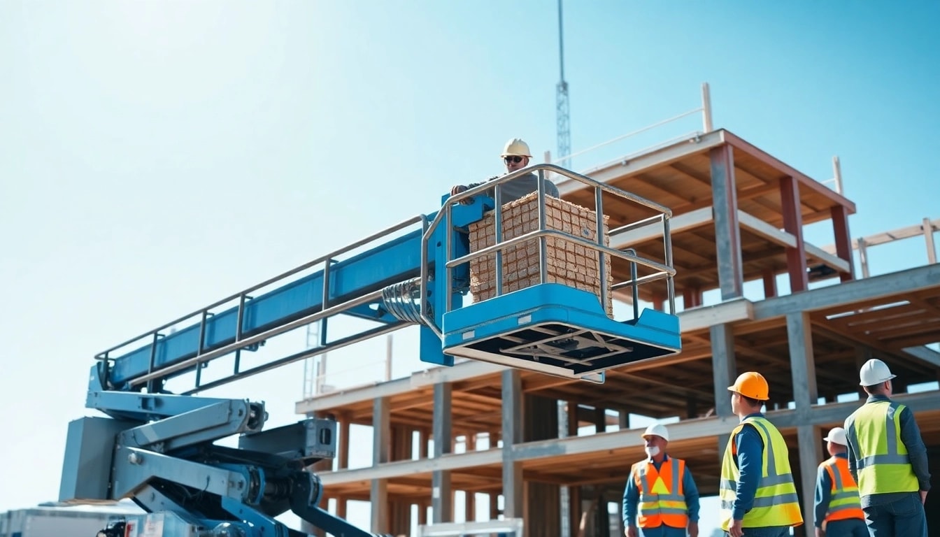 Operational genie lift elevating materials on a construction site with active workers.
