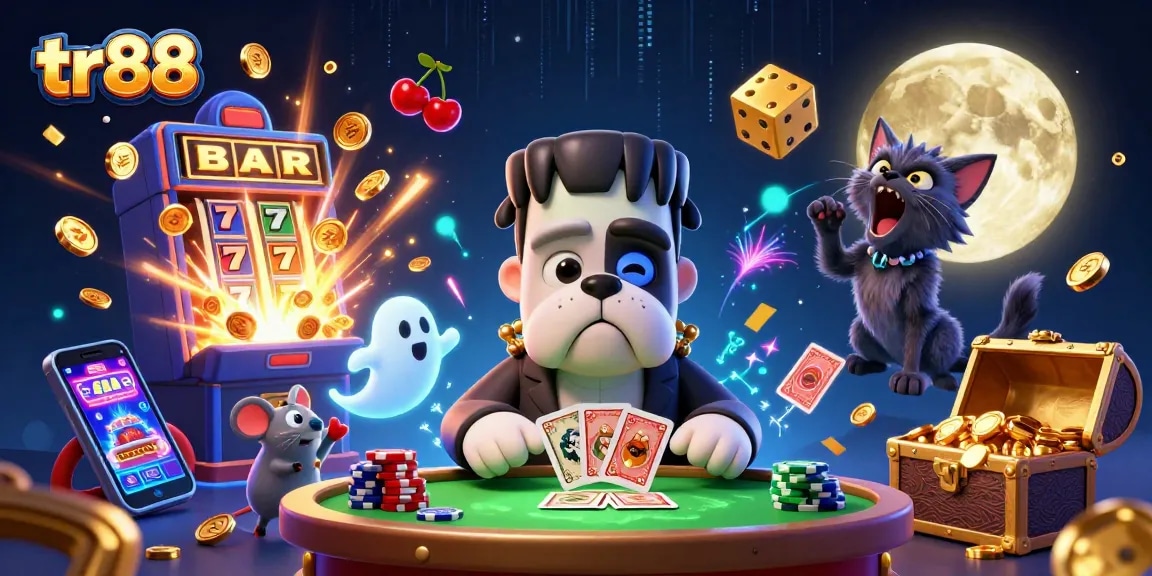 Experience thrilling gameplay with tr88 in a vibrant casino scene featuring a Frankenstein bulldog monster.