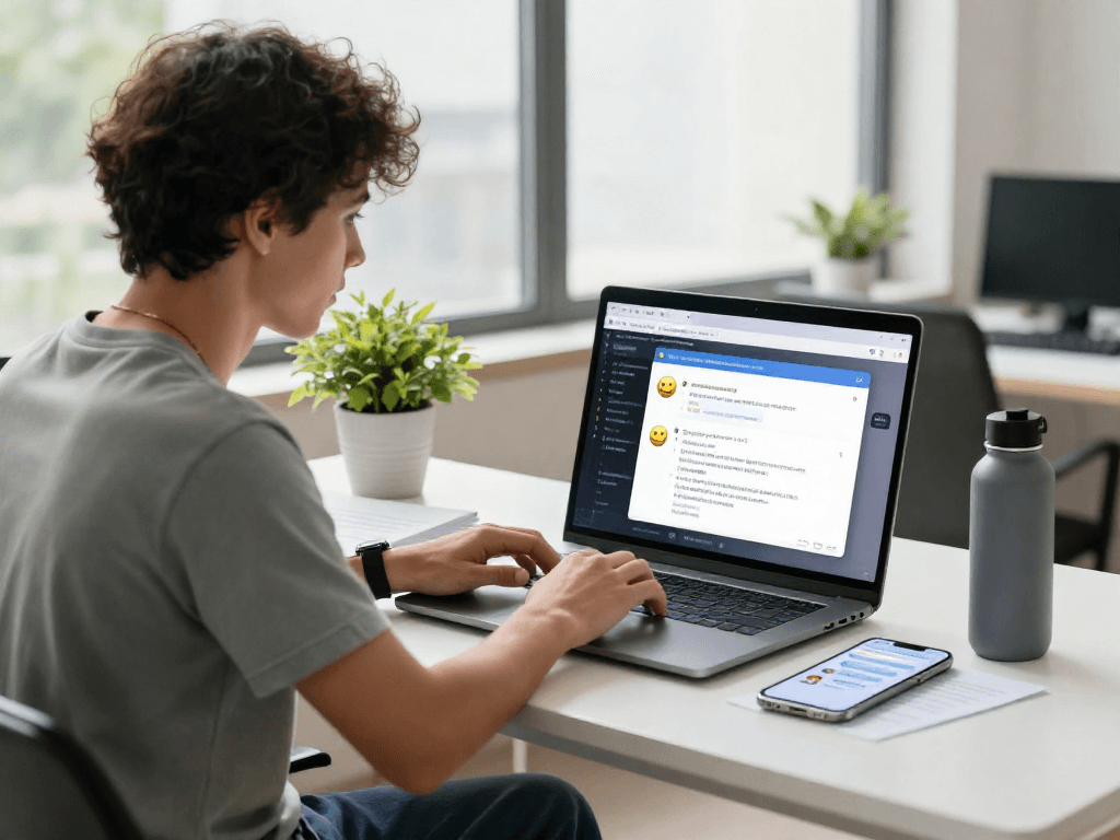Engaging AI NSFW chat interaction on a laptop in a modern workspace.