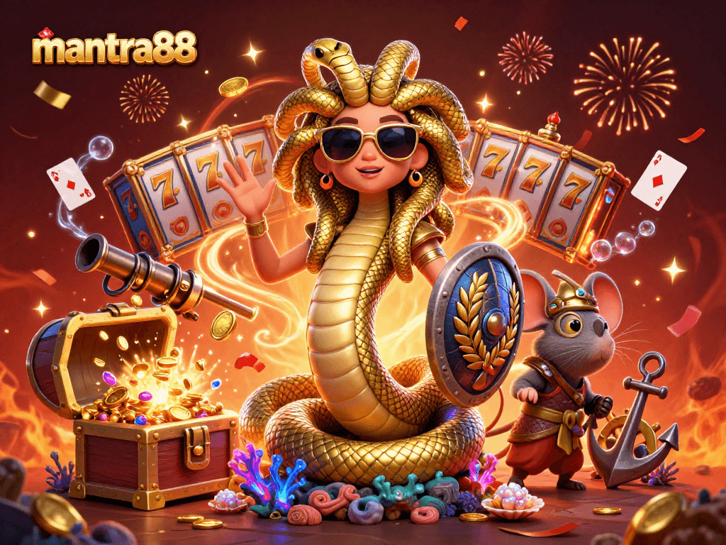 Spin the reels at mantra88 with Medusa and a brave warrior in a vibrant, lively casino scene.