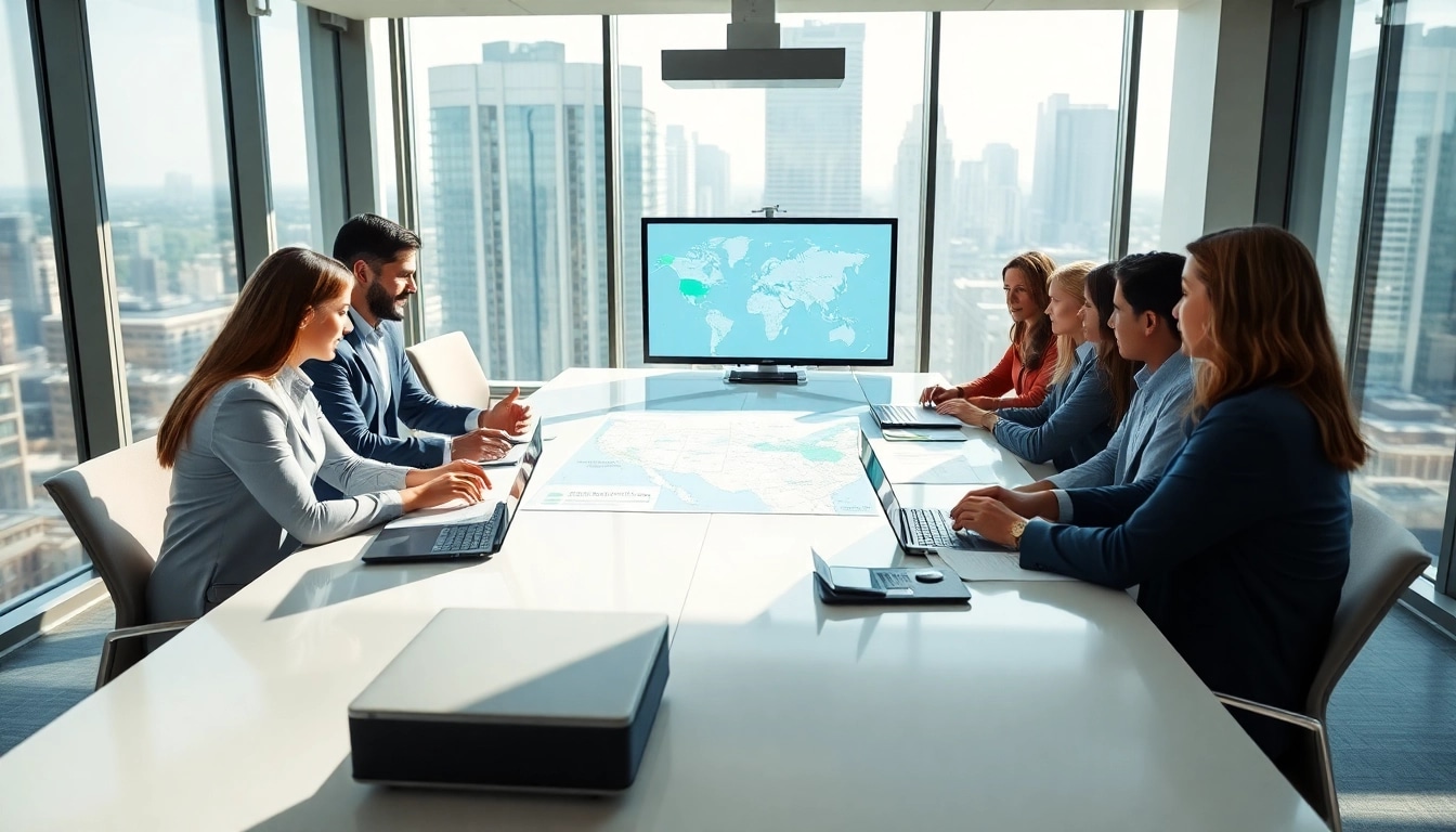 Team discussing multi-state title and escrow services in a modern conference room environment.