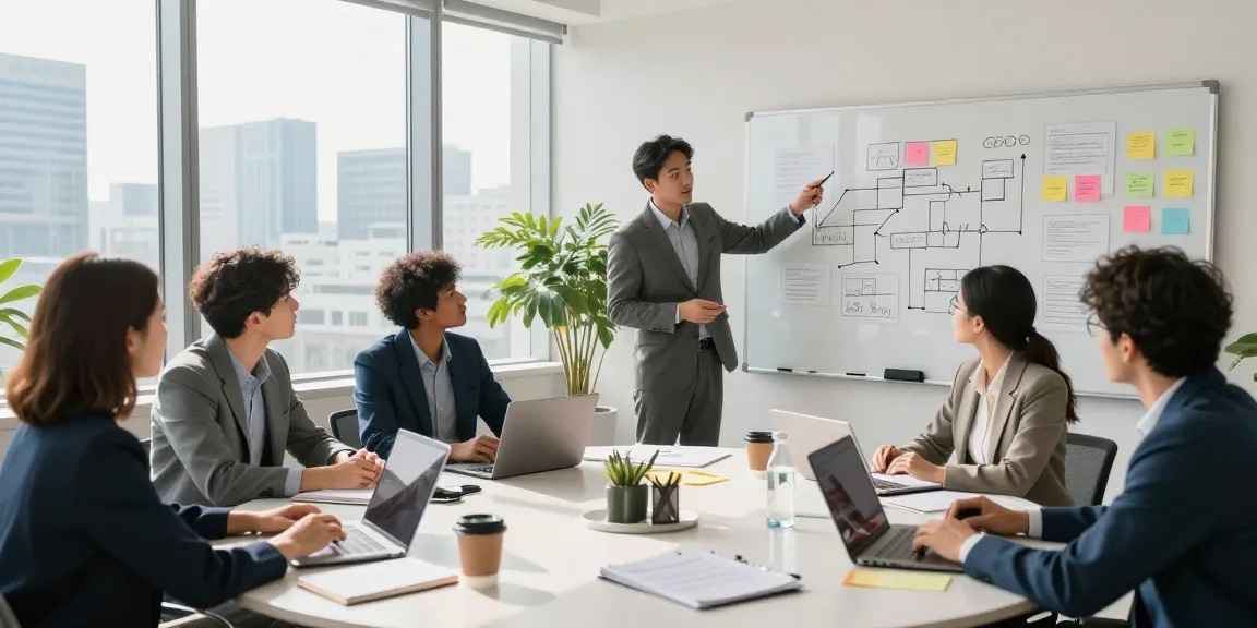 Team collaboration in modern office discussing strategies, read more here to learn effective teamwork.