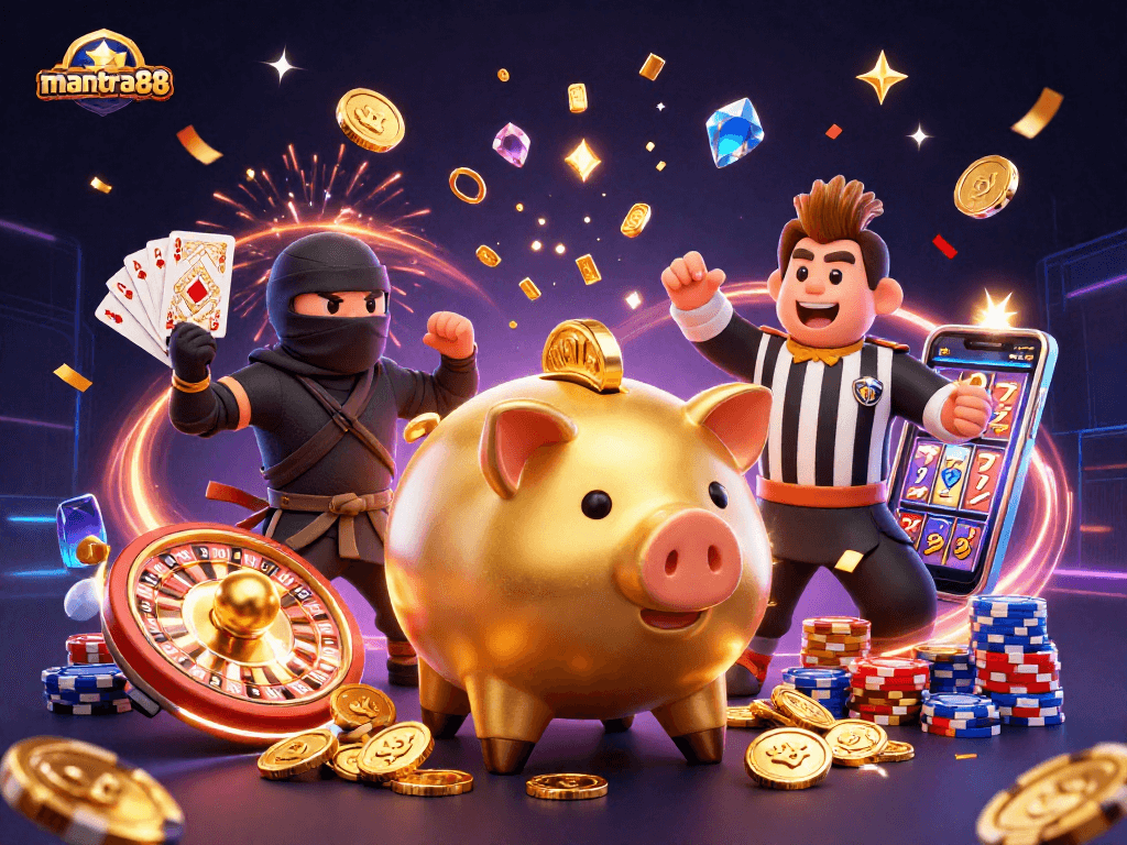mantra88 showcases a piggy bank sumo wrestler surrounded by coins and vibrant casino elements