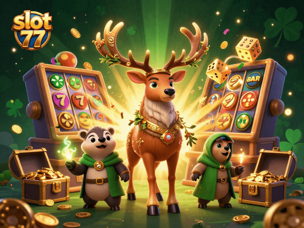 Spin the reels of slot 77 in a vibrant 3D fantasy scene filled with luck and winnings.