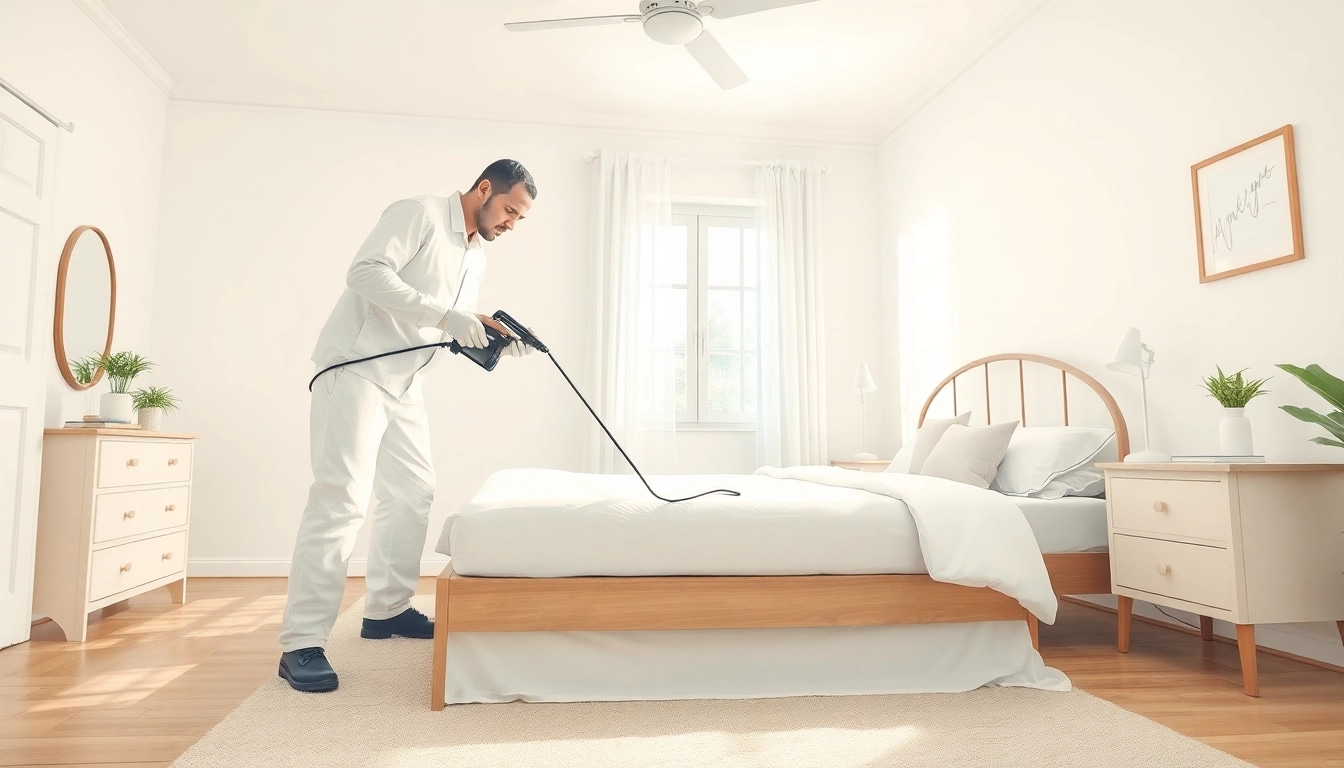 Exterminator performing bed bug treatment in a bright bedroom, highlighting effective pest control.