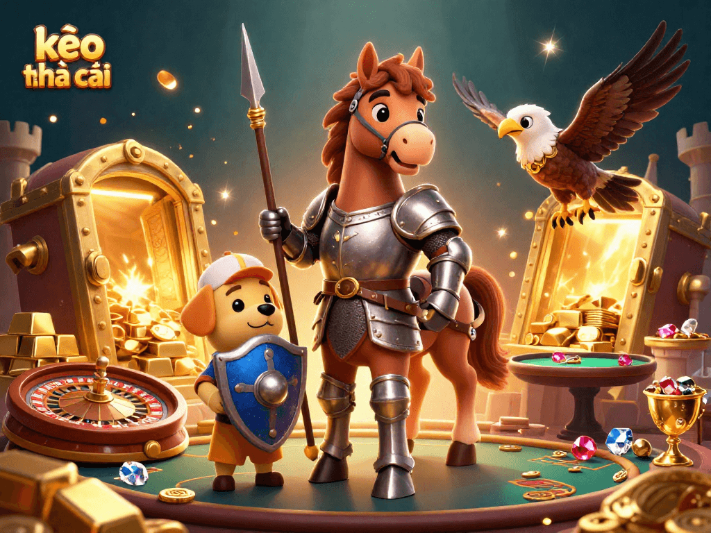 Engage with kèo nhà cái in this vibrant 3D casino scene showcasing a knight, puppy, and falcon.