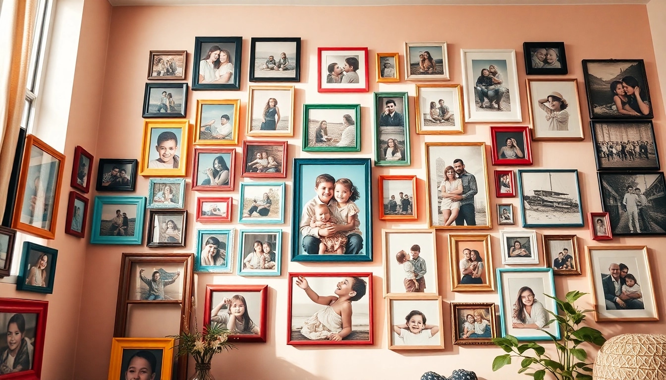 Decorative photo wall displaying a diverse collection of family memories and art.