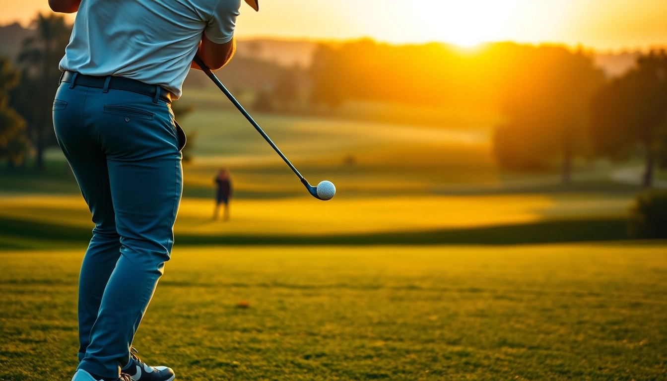 Golf player swinging on the course, with vibrant greens and sunset backdrop.