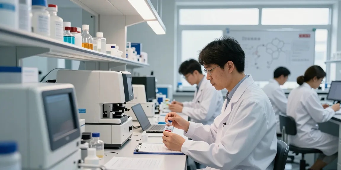 Explore advanced research in peptide quality assurance at https://koipeptidescanada.com, where scientists analyze lot-traceable peptides in a high-tech lab.