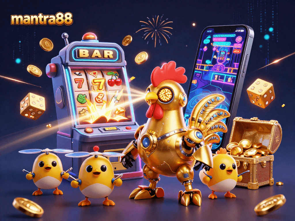 Experience thrilling action with mantra88, featuring a golden rooster robot and jackpot-filled slot machine explosion.