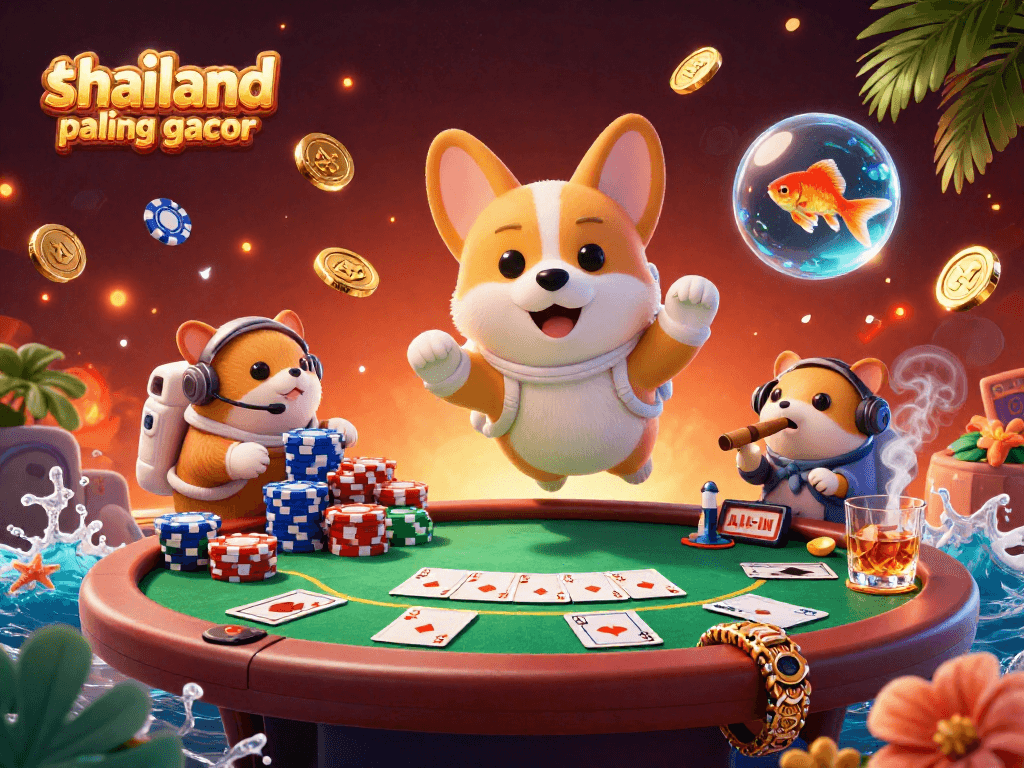 Spin slots in a vibrant casino scene featuring a cartoon corgi, showcasing slot thailand paling gacor in action.