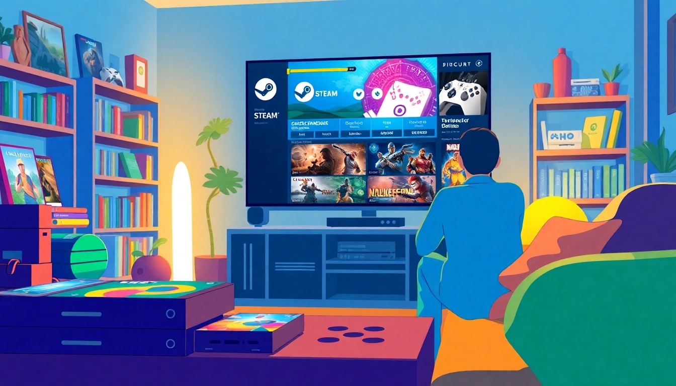 Showcasing the best Steam deals through an engaging gaming scene featuring diverse games.