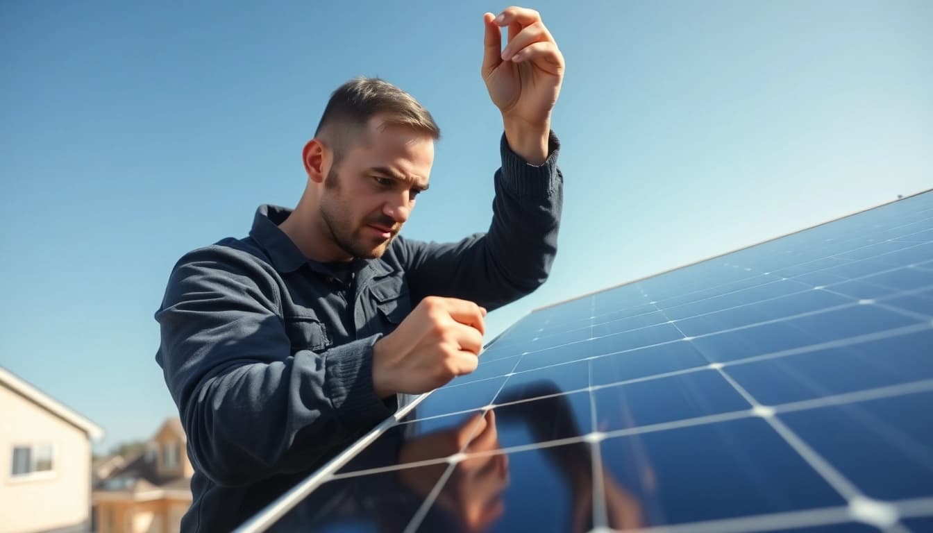 Efficient solar repair company New Jersey technician inspecting solar panels.