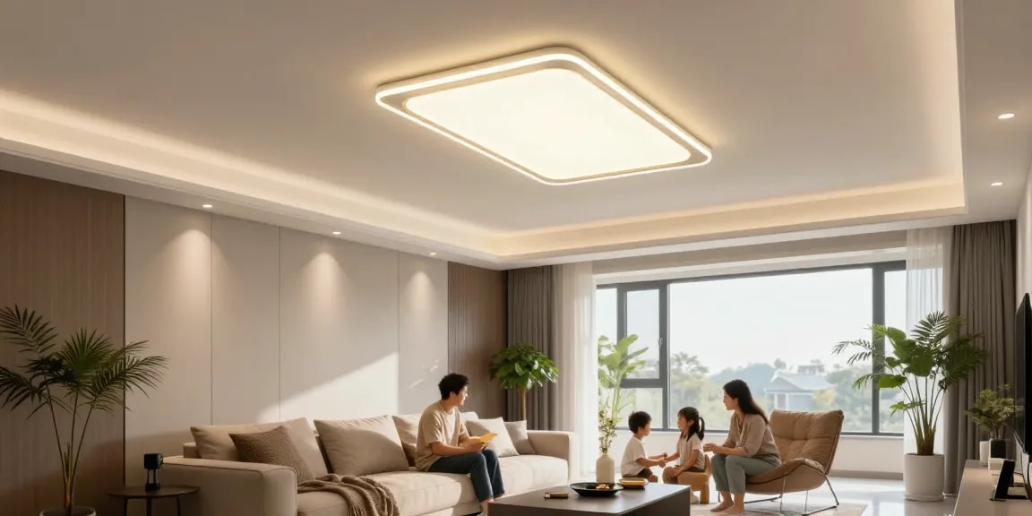 Aplice tavan elegante și moderne în interiorul unui living luminos, creând o atmosferă confortabilă.