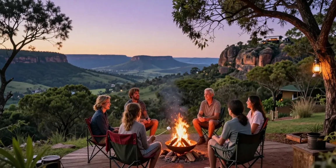 Magaliesburg Accommodation featuring a cozy bonfire gathering with friends surrounded by mountains and trees at sunset.