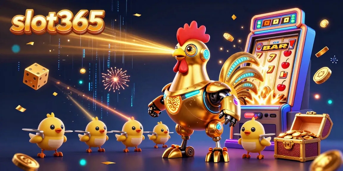 Experience thrilling jackpots at slot365 with unique games featuring golden rooster robots and vibrant casino elements.