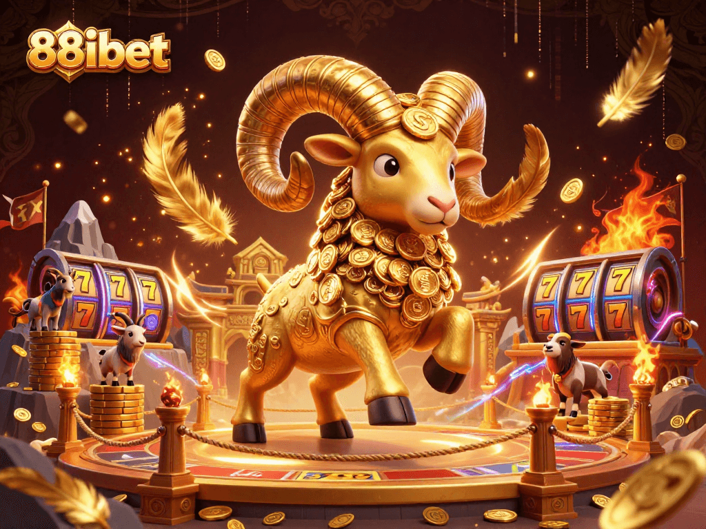 Experience thrilling wins at 88ibet with a cartoon golden ram charging through a vibrant casino