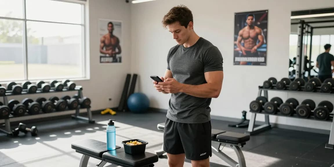 Young man using the best AI calorie tracker app in a bright gym setting.