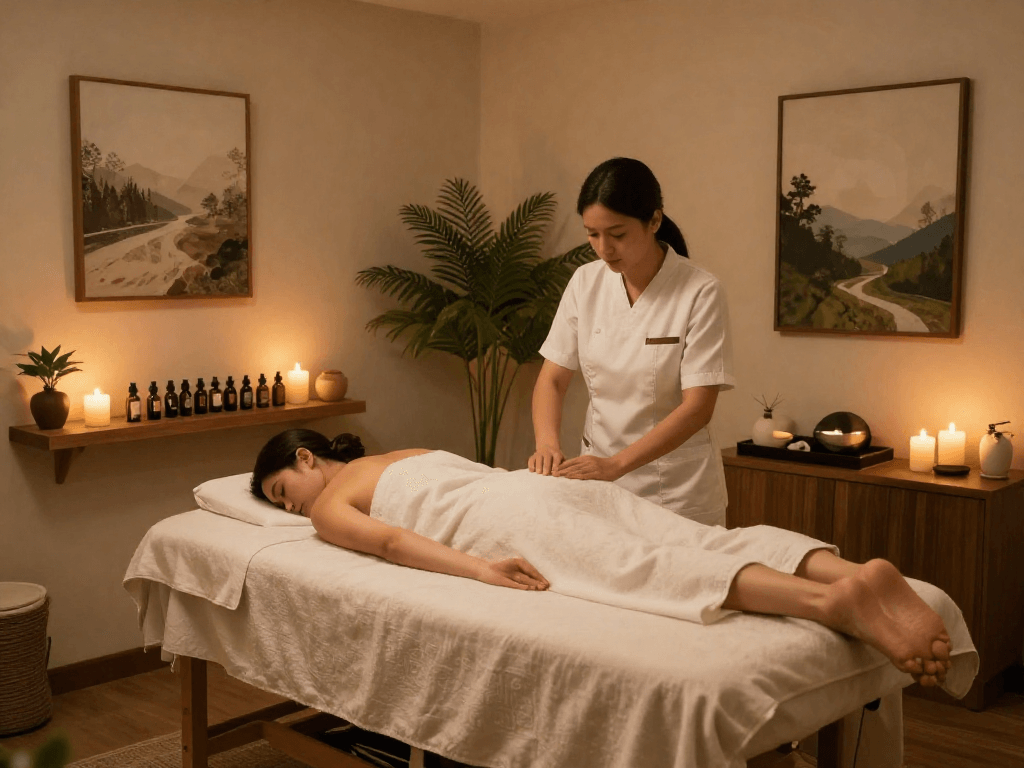 A serene spa treatment room at Balanced Massage featuring mantra 88 oils and a welcoming therapist consulting with a client.