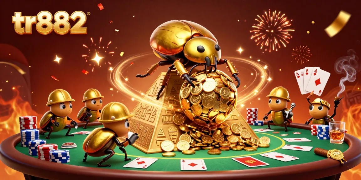 Experience tr882 with a dynamic scene of golden beetles rolling coins and poker elements.
