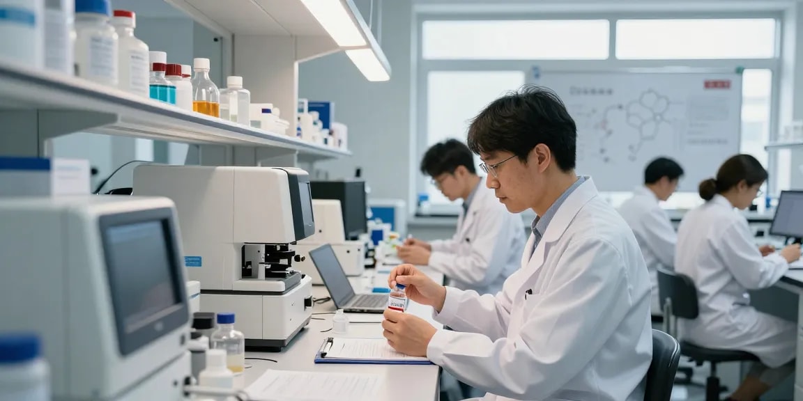 Explore advanced research in peptide quality assurance at https://koipeptidescanada.com, where scientists analyze lot-traceable peptides in a high-tech lab.