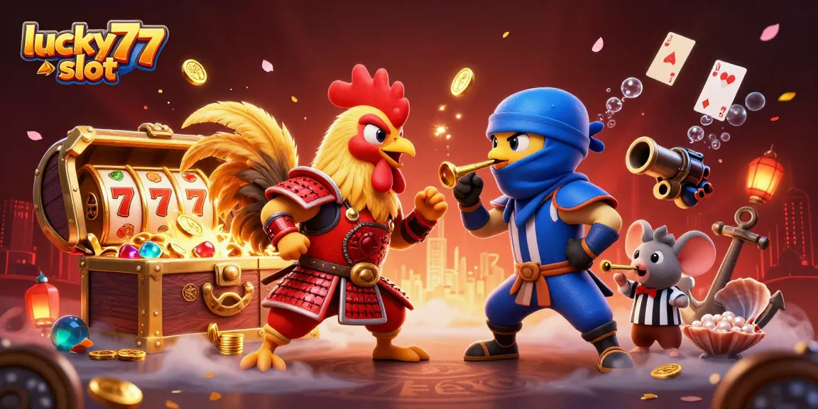 Engage in the exciting action of the lucky77 slot with cartoon roosters and treasures.