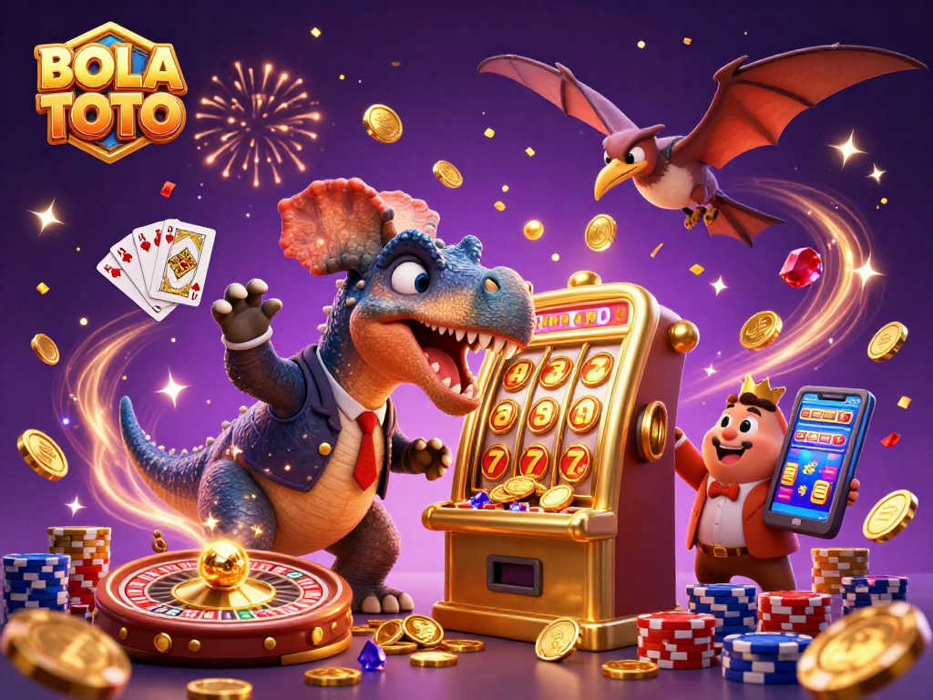 BOLA TOTO players engaging in exciting jackpot action with a dinosaur-themed casino scene featuring vibrant characters and glowing coins.