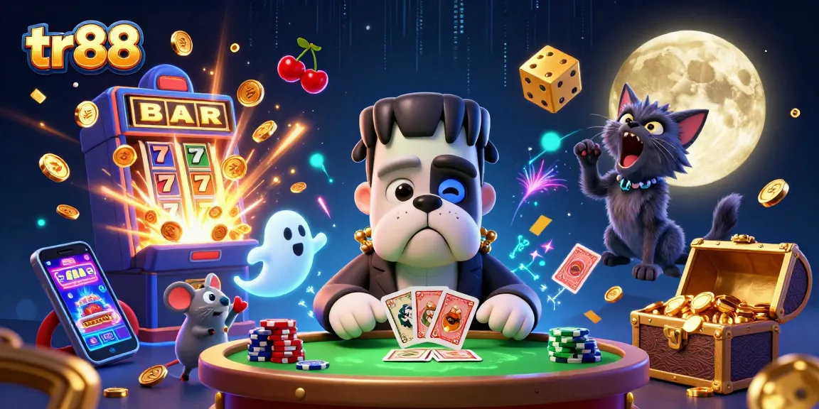 Experience thrilling gameplay with tr88 in a vibrant casino scene featuring a Frankenstein bulldog monster.