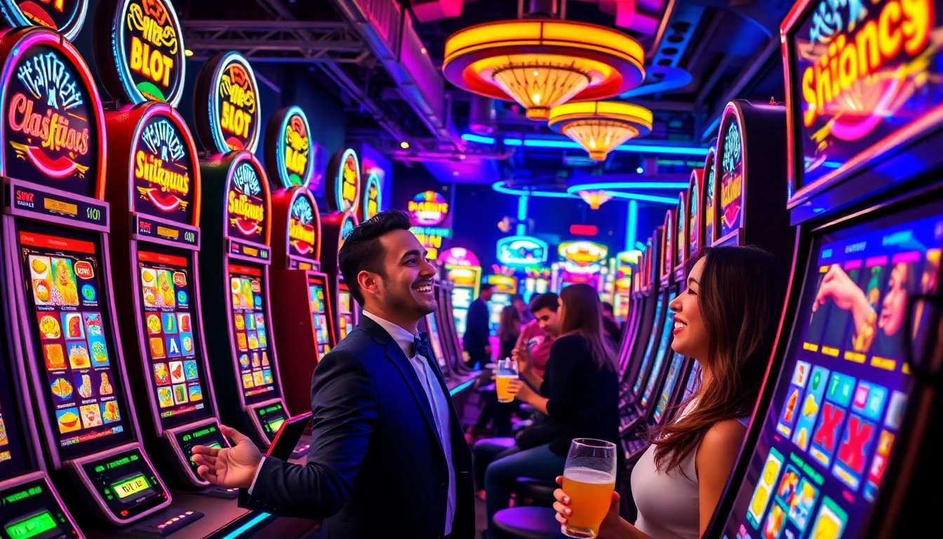Engaging slot gambling activity with players enjoying vibrant machines and casino ambiance.