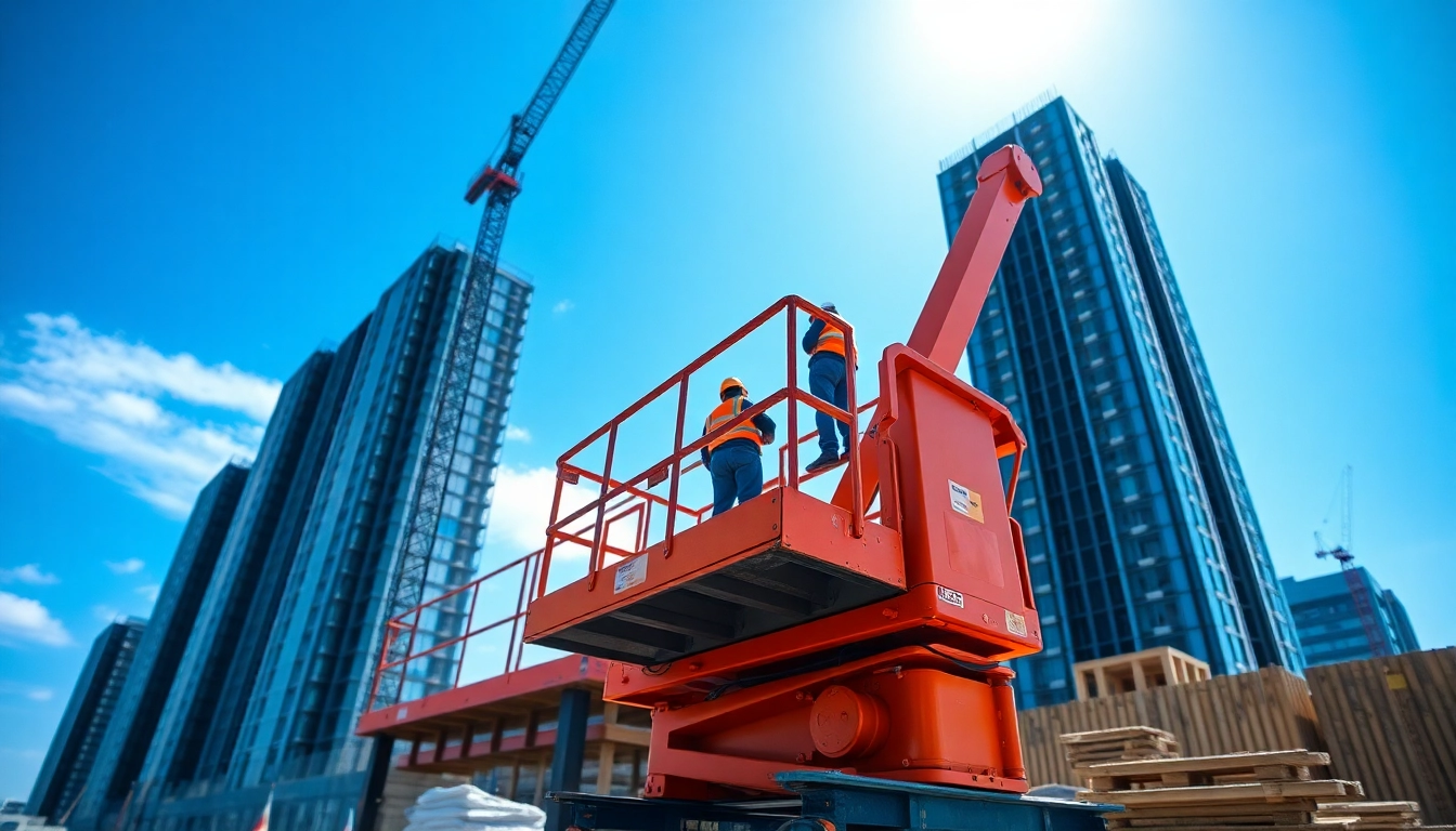 Workers operating a cherry picker safely lifting equipment on a construction site.