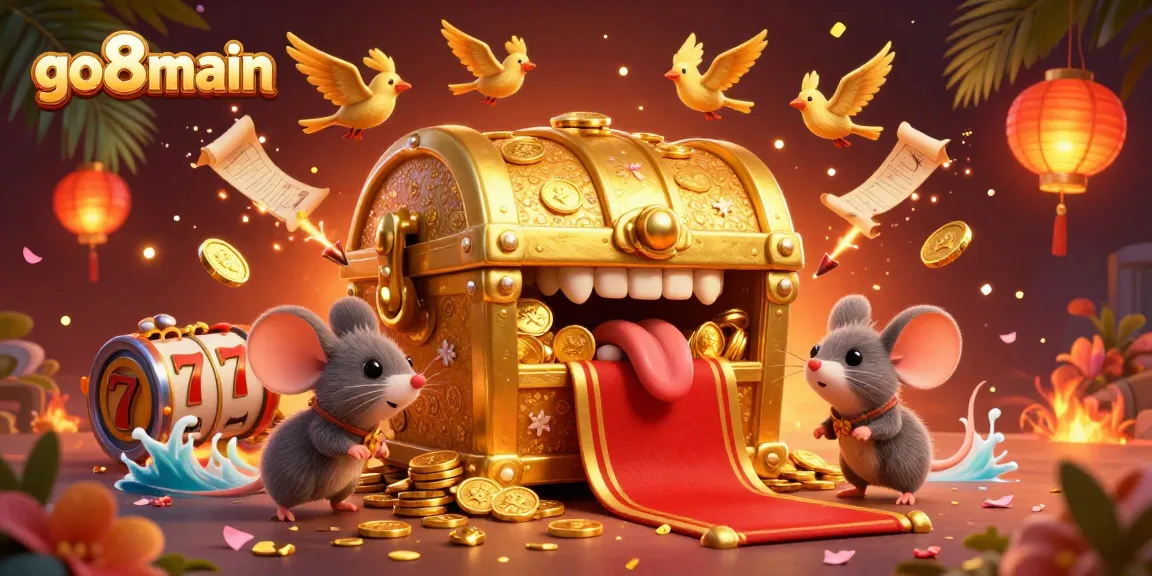 Win big at go8main with a dynamic 3D casino illustration featuring vibrant game elements.